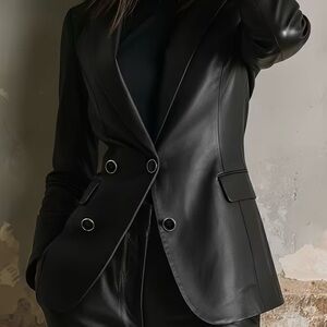 Women's Black Faux Leather Double-Breasted Blazer Jacket